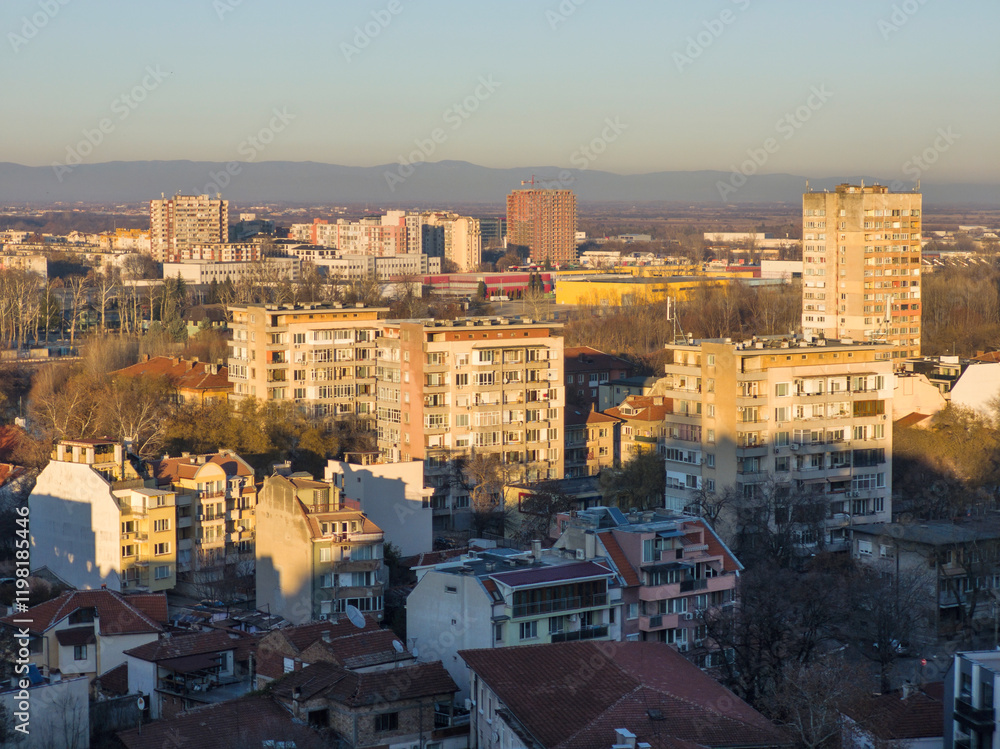Fototapeta premium Sunset view of Plovdiv city from Nebet Tepe hill, Bulgaria