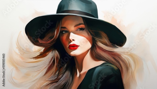 Vibrant Woman in Stylish Hat Redlipped Belle Gazing Intently against a Pure White Backdrop, Emphasizing the Elegance and Allure of Femininity photo