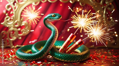 Year of the Snake: A vibrant green snake, symbolic of the Chinese Zodiac, entwined with firecrackers and sparklers, capturing the electrifying energy and auspiciousness of the new year. photo