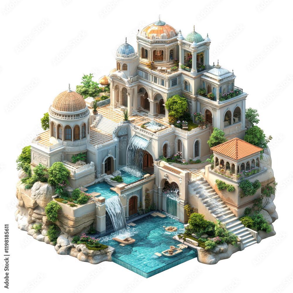 Obraz premium [Grand Luxury Palace Architectural Design] Fantasy Palace with Pool and Waterfalls - Grand Architecture in Vibrant Colors
