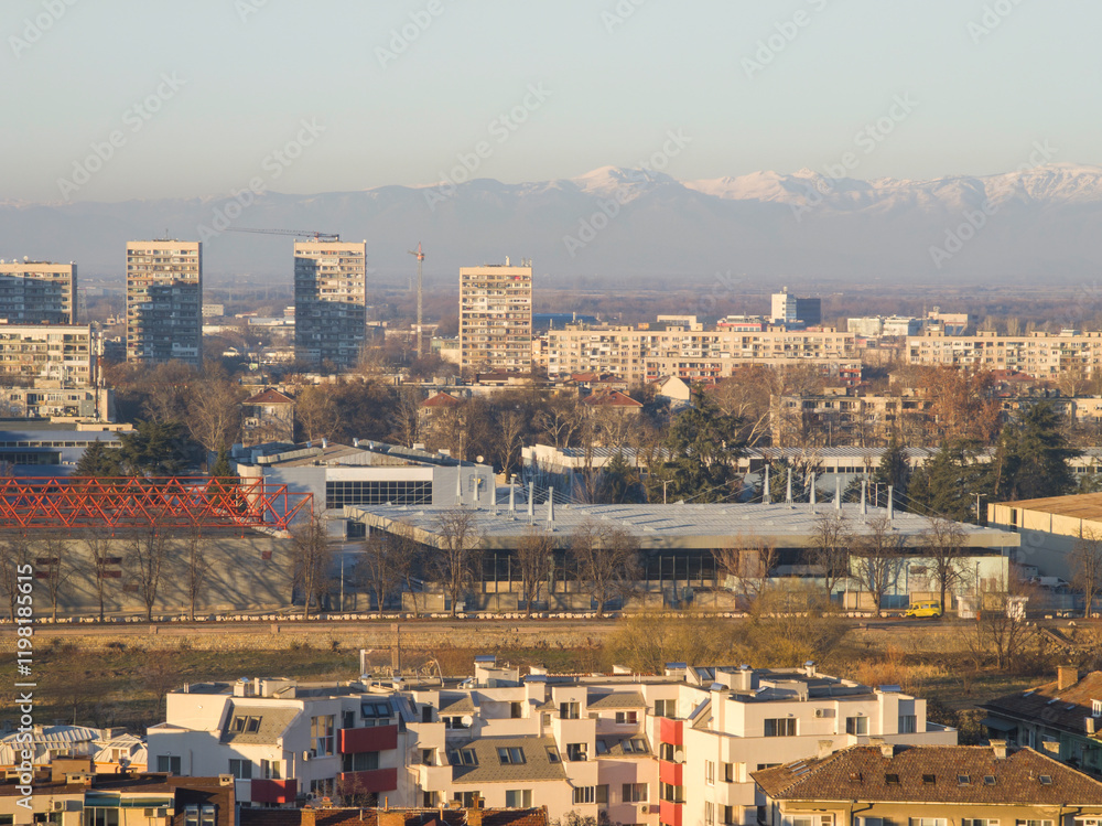 Obraz premium Sunset view of Plovdiv city from Nebet Tepe hill, Bulgaria