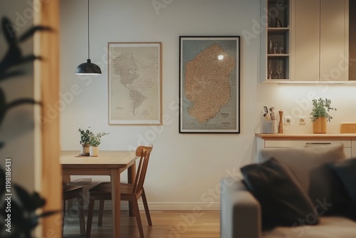 A chic and diverse dining room featuring a mock-up poster map, a communal table with stylish chairs, a gold pendant lamp, and an elegant sofa in a secondary area. The space boasts white walls, wooden photo