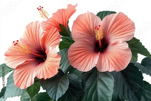 Wallpaper Mural a vibrant, lush tropical hibiscus shrub with deep green foliage and vivid red-orange blooms against a white background, featuring detailed leaf textures and delicate flower petals Torontodigital.ca