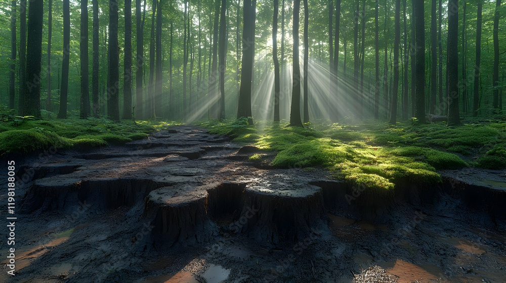 Fototapeta premium Sunlit Path Through a Lush, Mysterious Forest