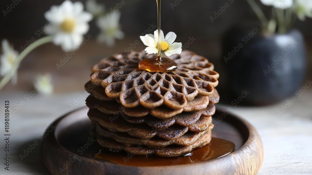 Gluten-free pancakes stacked high, drizzled with maple syrup and topped with fresh berries, Gluten-free pancakes stacked high, drizzled with maple syrup and topped with fresh berries,