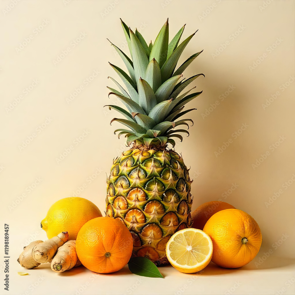 Ripe pineapple and citrus fruits with ginger on white background Ripe pineapple and citrus fruits with ginger on white background