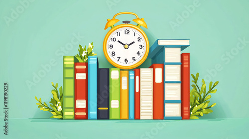 Back to school: Books, alarm clock, and plants on a shelf.  A vibrant illustration of learning and time management.