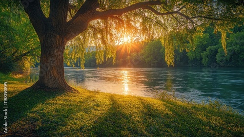 Sunset Serenity: A Majestic Willow Tree by the River