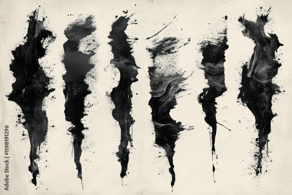 Fototapeta premium abstract black ink brushstrokes collection, dynamic splatters and organic shapes, textural grunge elements with torn paper edges, minimalist composition