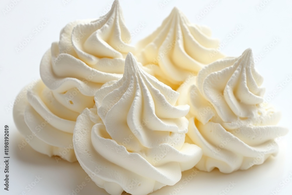 Close-up of several swirls of fluffy meringue. Perfect for dessert menus, food blogs, or baking websites. Close-up of several swirls of fluffy meringue. Perfect for dessert menus, food blogs, or baking websites.