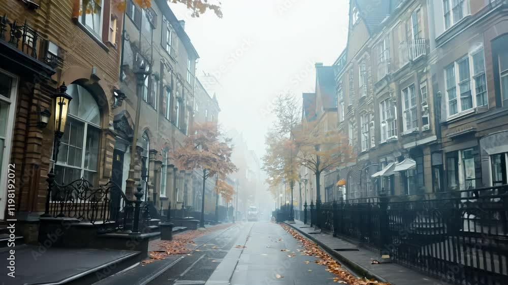 Dolly forward video, ambient light, a foggy autumn urban avenue, historic brownstones, stoops, wrought-iron railings, fog softens edges, buildings, fallen leaves, wet sidewalks, distant traffic Dolly forward video, ambient light, a foggy autumn urban avenue, historic brownstones, stoops, wrought-iron railings, fog softens edges, buildings, fallen leaves, wet sidewalks, distant traffic