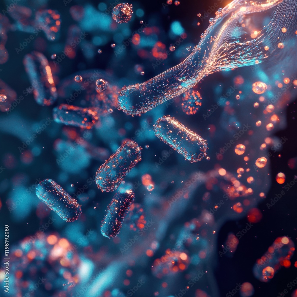 Naklejka premium Colorful 3D render showcasing microbes floating in a vibrant aquatic environment during a scientific exploration. Generative AI