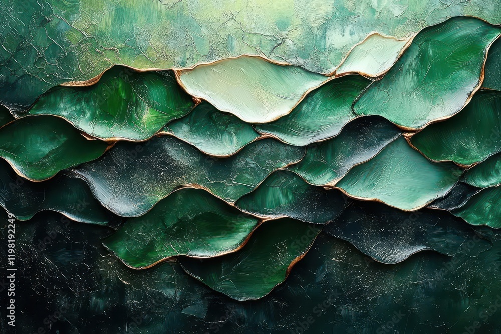 Obraz premium abstract botanical artwork featuring emerald green leaves with sculptural textures, glossy resin finish creating depth and dimension