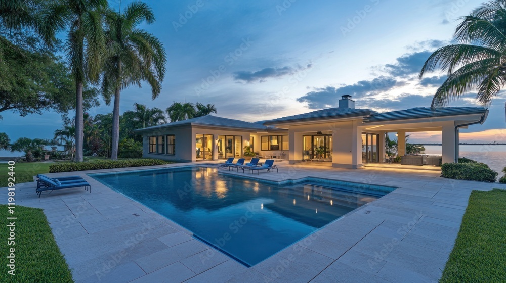 Fototapeta premium Luxury Waterfront Villa at Sunset: Tranquil Evening by the Pool