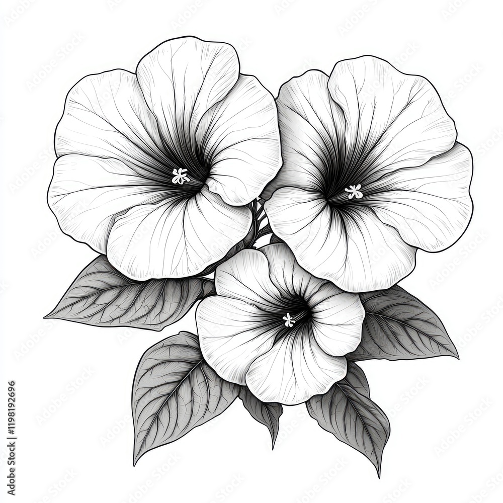 Fototapeta premium Elegant Monochrome Petunia Flowers: A Detailed Botanical Illustration. Black and white floral drawing, perfect for nature lovers and design enthusiasts.