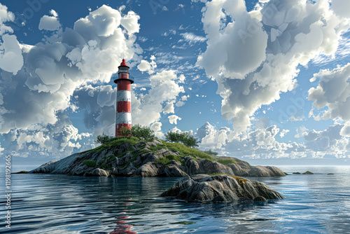 Lighthouse is on a rocky island in the ocean. The sky is cloudy and the water is calm photo