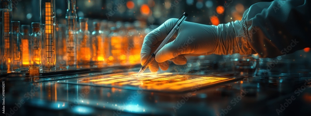 Precise Quality Control in a Futuristic Laboratory Setting with Gloved Hand Marking Checklist Precise Quality Control in a Futuristic Laboratory Setting with Gloved Hand Marking Checklist