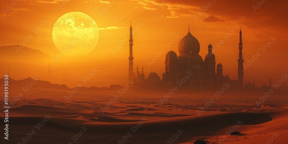 Obraz premium Ramadan Sunset: Desert Mosque Silhouetted Against a Vibrant Orange Sky, Illuminated by a Large Moon, Evoking Spiritual Serenity During the Holy Month. A Peaceful Ramadan Reflection.