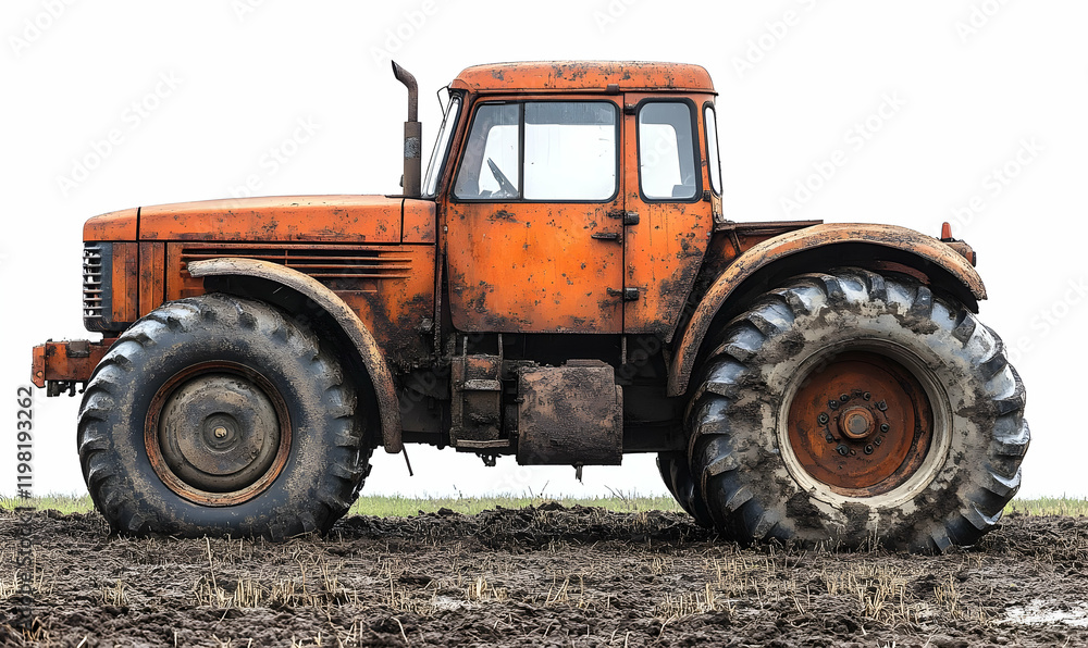 Rusty tractor fieldwork mud background agriculture