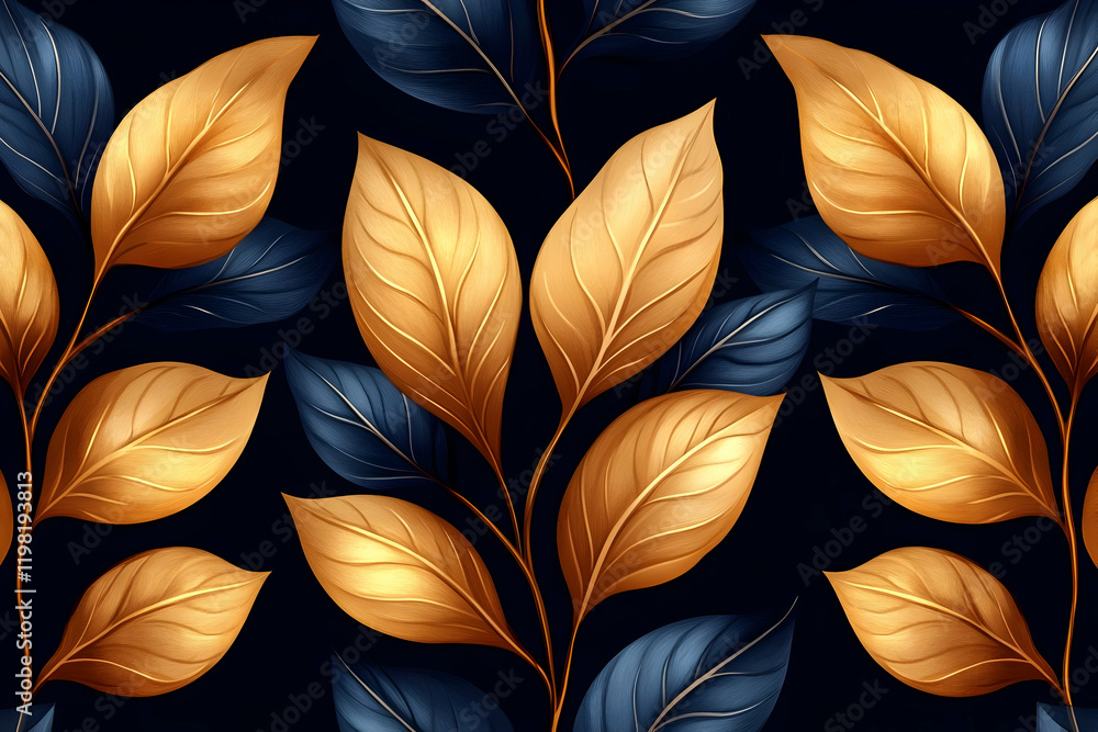 Gold, blue leaves, seamless pattern, dark background, textile print Gold, blue leaves, seamless pattern, dark background, textile print