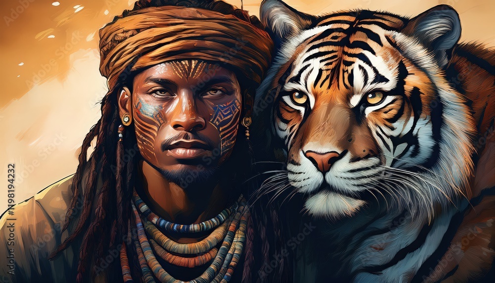 Intense Closeup of Black Man with Tribal Face Paint, Gazing Intently in a Vibrant and Spiritual Setting, Showcasing Striking Colors and Intricate Tattoos Intense Closeup of Black Man with Tribal Face Paint, Gazing Intently in a Vibrant and Spiritual Setting, Showcasing Striking Colors and Intricate Tattoos