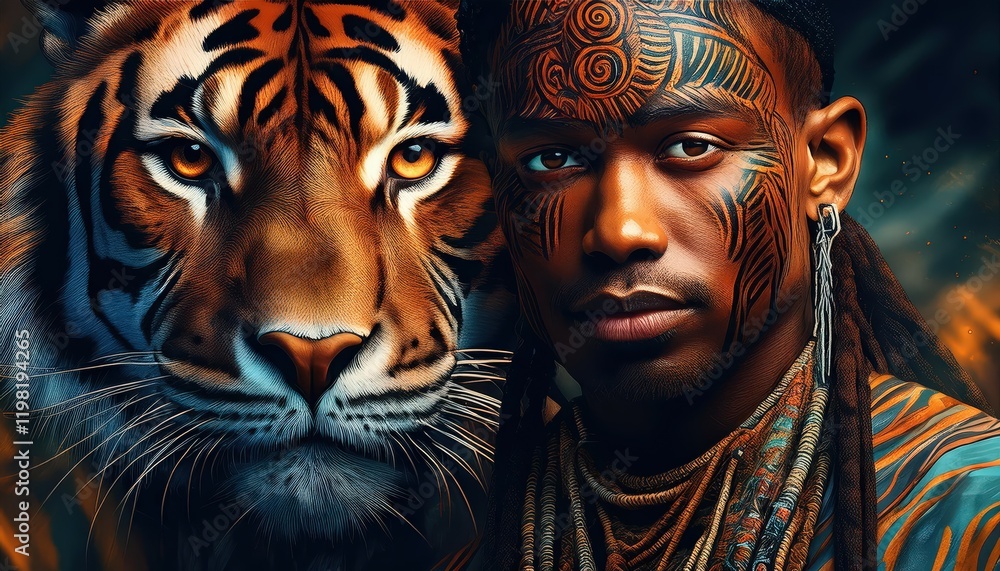 Intense Closeup of a Black Man with Tribal Face Paint, Gazing Intently amidst a Stark Backdrop of Geometric Patterns, Evolving Artwork Embodies Modern African Culture and the Intense Closeup of a Black Man with Tribal Face Paint, Gazing Intently amidst a Stark Backdrop of Geometric Patterns, Evolving Artwork Embodies Modern African Culture and the