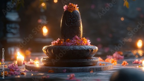 A beautifully crafted shiv ling adorned with fresh flowers and placed on a marble pedestal, illuminated by soft candlelight.