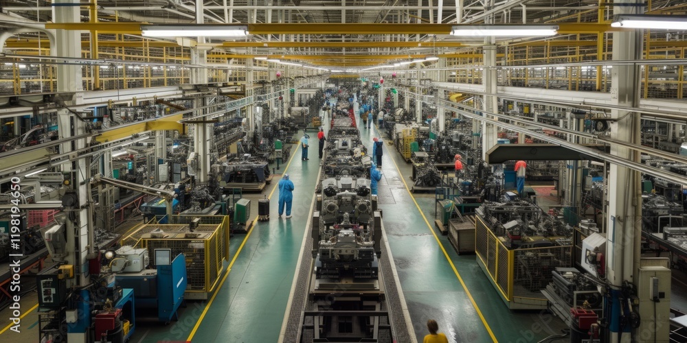 Fototapeta premium Ramadan Reflections: Workers Assemble Engines on a Factory Production Line