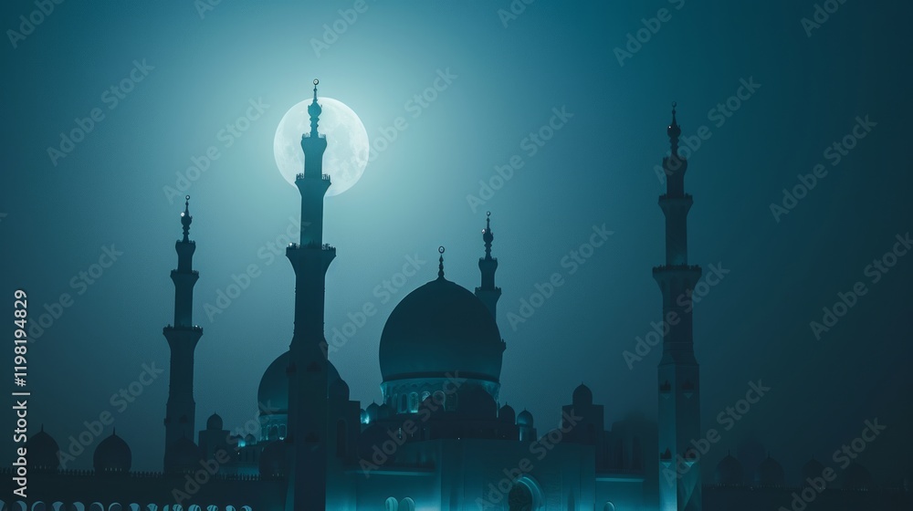 Fototapeta premium Ramadan Nights: Witnessing the Majestic Mosque Under a Full Moon, a Spiritual Journey of Faith and Reflection during the Holy Month, Embracing Peace and Blessings.