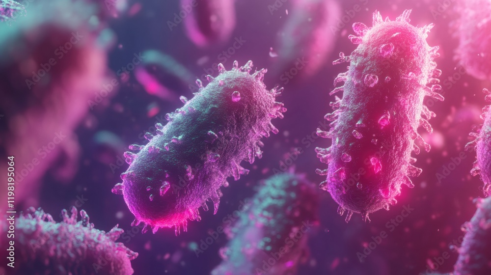 Intricate 3D render of colorful microbes highlighting their unique structures and vibrant details in a microscopic environment. Generative AI
