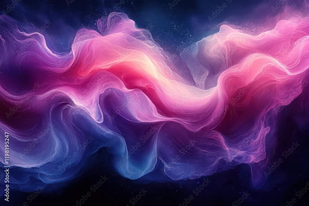 Obraz premium abstract fluid art composition with flowing ribbons of pastel pink, mint, and lavender, ethereal swirls creating dimensional depth on dark background