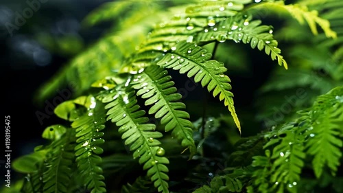 Lush green fern leaves adorned with sparkling water droplets