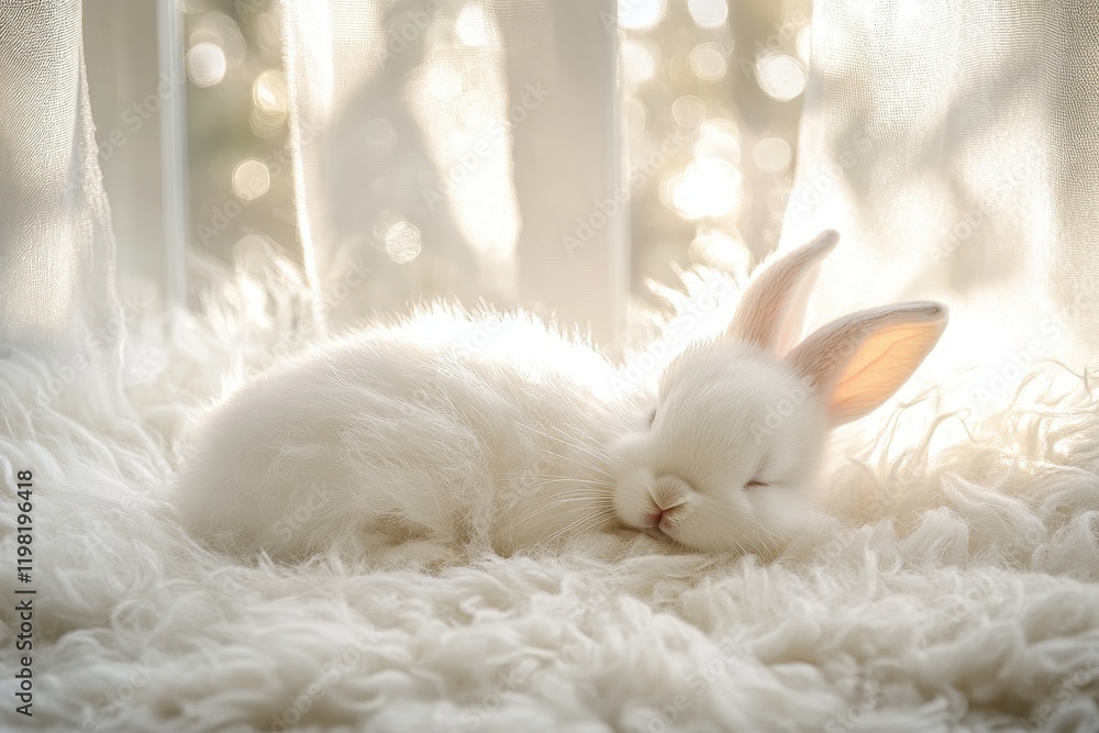 Adorable white bunny sleeps soundly on fluffy white fur. Perfect for websites, blogs, or projects needing a peaceful, cute image. Adorable white bunny sleeps soundly on fluffy white fur. Perfect for websites, blogs, or projects needing a peaceful, cute image.