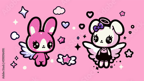 Cute rabbit and dog in anime kawaii style surrounded by stars on a pink background. Trendy vector illustration for a t-shirt print, stickers or patches.