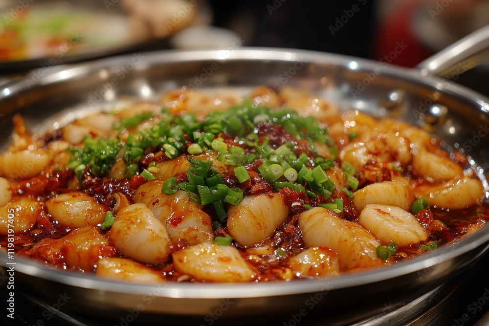 Spicy scallops in a savory sauce, garnished with green onions. Perfect for illustrating recipes, food blogs, or Asian cuisine. Spicy scallops in a savory sauce, garnished with green onions. Perfect for illustrating recipes, food blogs, or Asian cuisine.