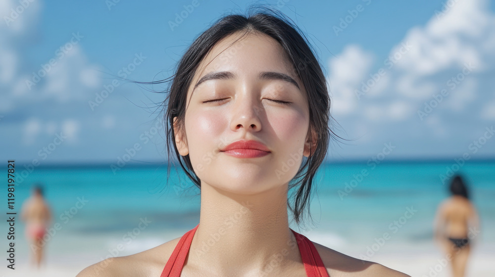 Chinese woman breathing and relax on Idyllic beach at Playa del Carmen Chinese woman breathing and relax on Idyllic beach at Playa del Carmen