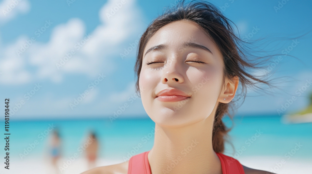 Chinese woman breathing and relax on Idyllic beach at Playa del Carmen Chinese woman breathing and relax on Idyllic beach at Playa del Carmen