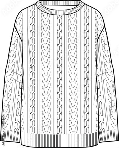 Women's Crew Neck Cable Tunic. Technical fashion illustration. Front, white color. Women's CAD mock-up.