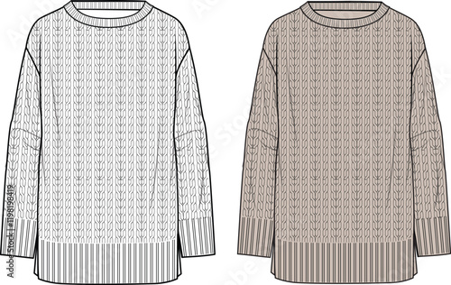 Women's Crew Neck Cable Tunic. Technical fashion illustration. Front, white color. Women's CAD mock-up.