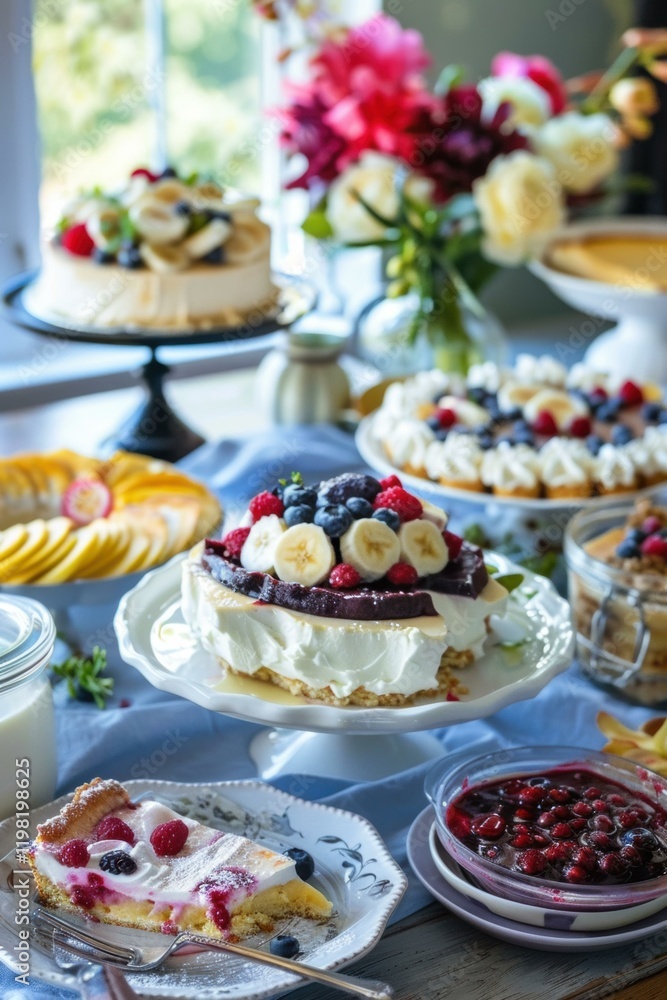 A table spread with a variety of desserts, featuring cakes with fruit toppings. AI. A table spread with a variety of desserts, featuring cakes with fruit toppings. AI.