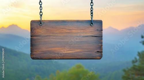 A blank wooden sign hanging from a metal chain with a mountain view behind it. photo