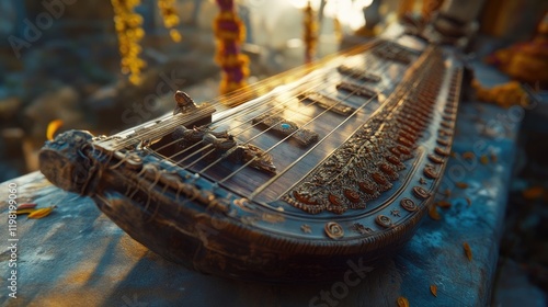 A detailed view of a traditional Indian musical instrument used in devotional songs celebrating Shree Ram.