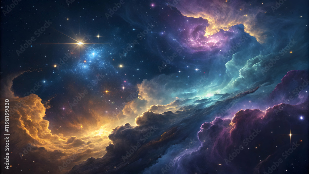 Fototapeta premium Stunning Cosmic Nebula with Bright Stars and Colorful Clouds