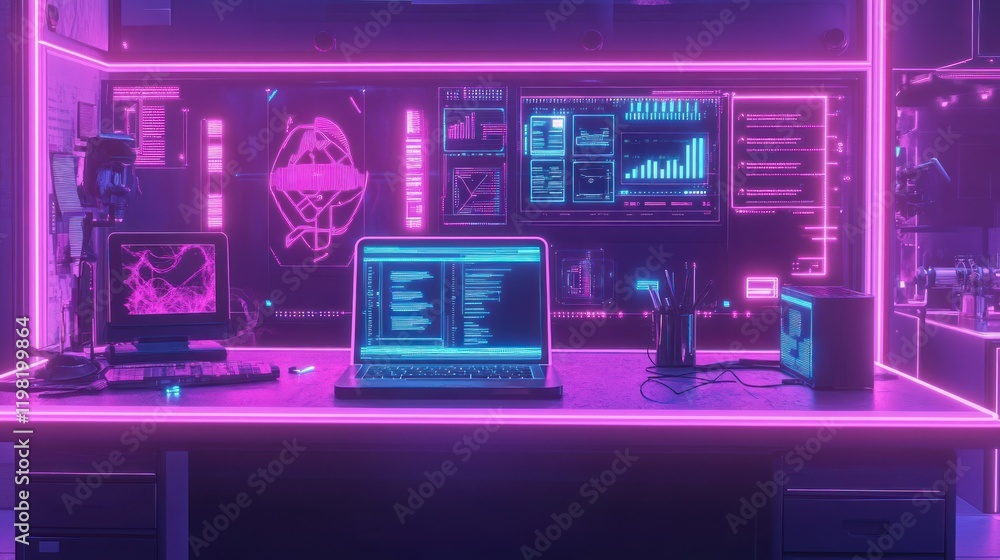 Neon-lit futuristic workspace with computer screens displaying data and code. Neon-lit futuristic workspace with computer screens displaying data and code.