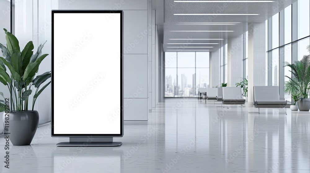 A modern interactive touchscreen sign in a minimalist lobby, with a blank display and ample copy space. A modern interactive touchscreen sign in a minimalist lobby, with a blank display and ample copy space.