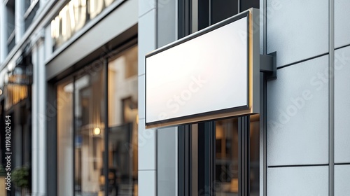 Wallpaper Mural A rectangular business sign hanging from a modern steel bracket on a white wall. Torontodigital.ca