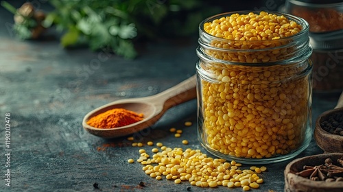 A glass jar filled with dried moong dal placed next to a wooden spoon and spices.