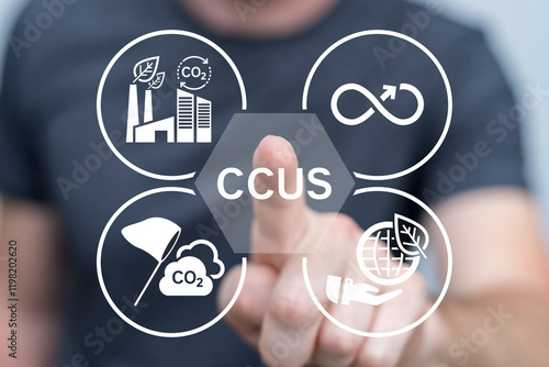 CCUS Carbon Capture Utilization Storage Concept. Renewable energy, solar, wind energy and carbon capture, utilization and storage for net zero emissions target.
