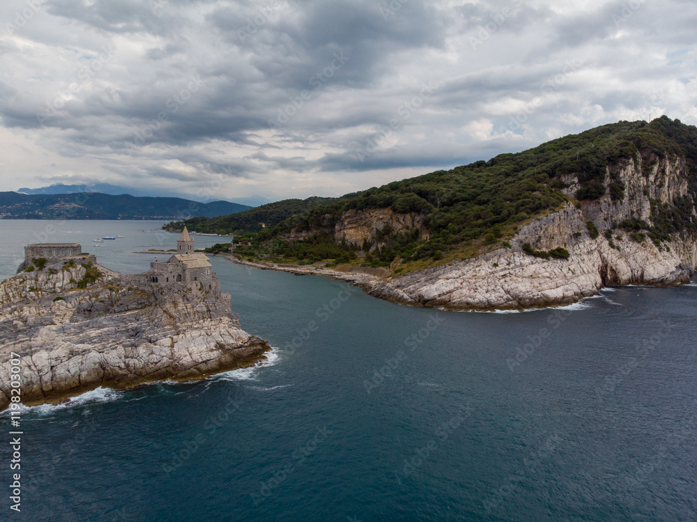 Drone aerial view of the Church of St. Peter in Porto Venere Italy Drone aerial view of the Church of St. Peter in Porto Venere Italy