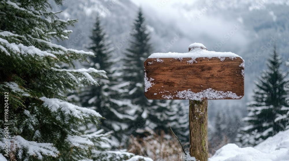 Naklejka premium Blank wooden sign surrounded by snow-capped pine trees on a winter day.